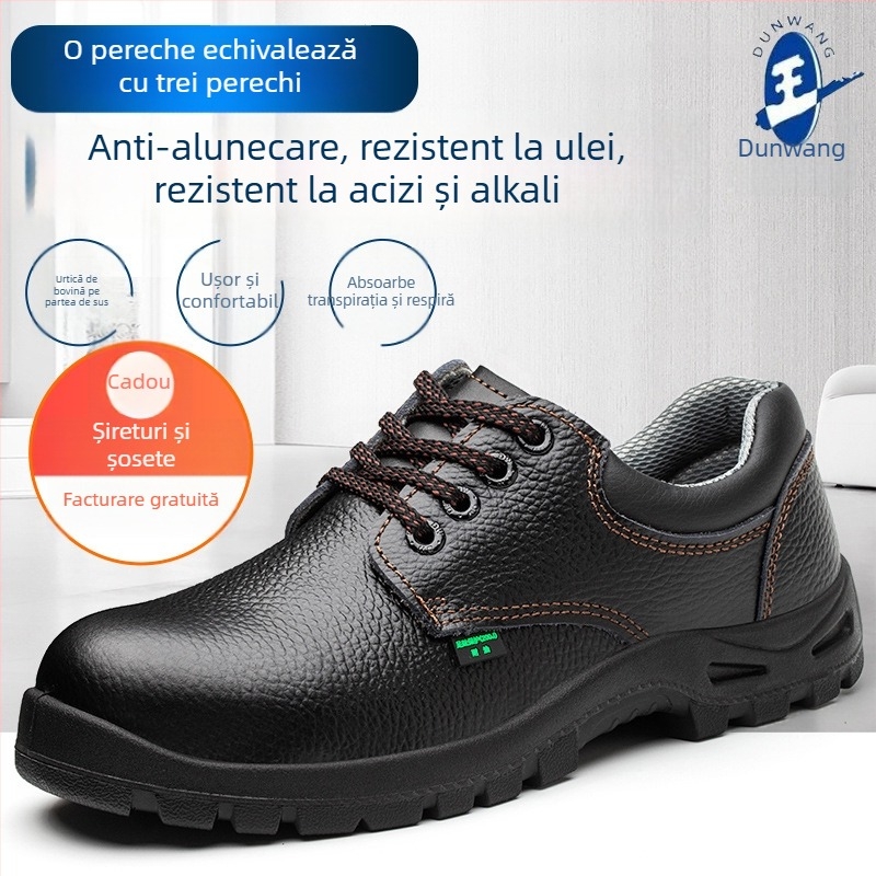 Pantofi de protecție pentru muncă pentru bărbați: antișoc, anti-derapare, rezistenți la uzură, rezistenți la ulei; partea superioară joasă, din piele de vițel cu relief, anti-perforație
