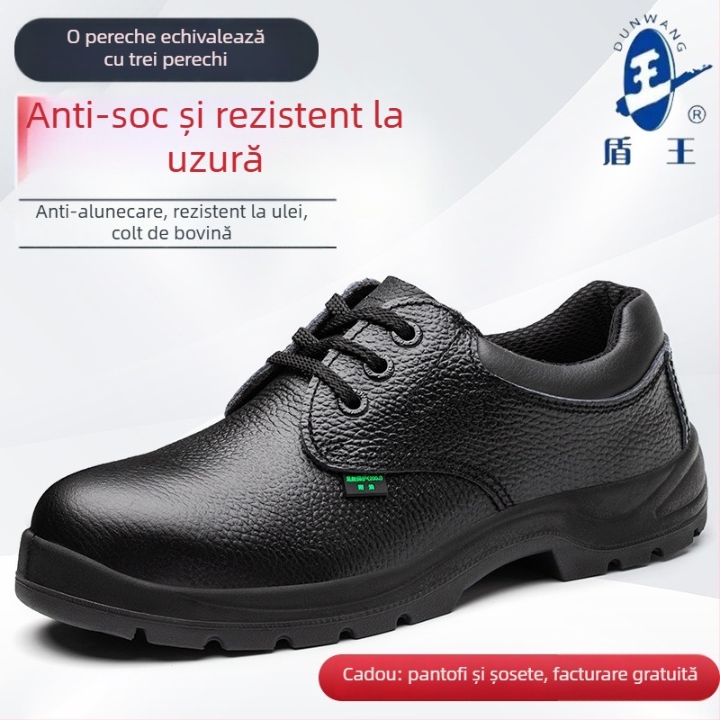 Pantofi de protecție pentru muncă pentru bărbați: antișoc, anti-derapare, rezistenți la uzură, rezistenți la ulei; partea superioară joasă, din piele de vițel cu relief, anti-perforație