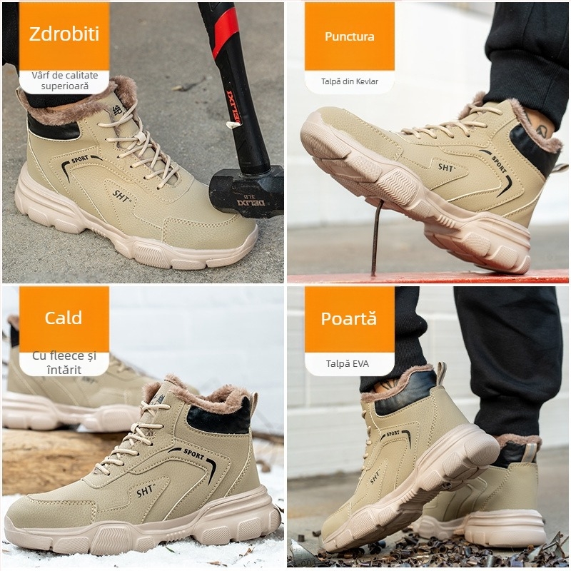 Pantofi de siguranță de iarnă cu vârf din oțel, anti-strivire, anti-perforație, talpă EVA solidă, izolație termică, partea superioară din piele Super Fiber