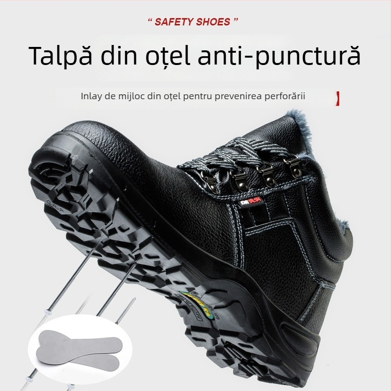 Pantofi de protecție de iarnă pentru muncă, din piele cu relief, cu înălțime peste gleznă, rezistenți la lovire, perforare și alunecare