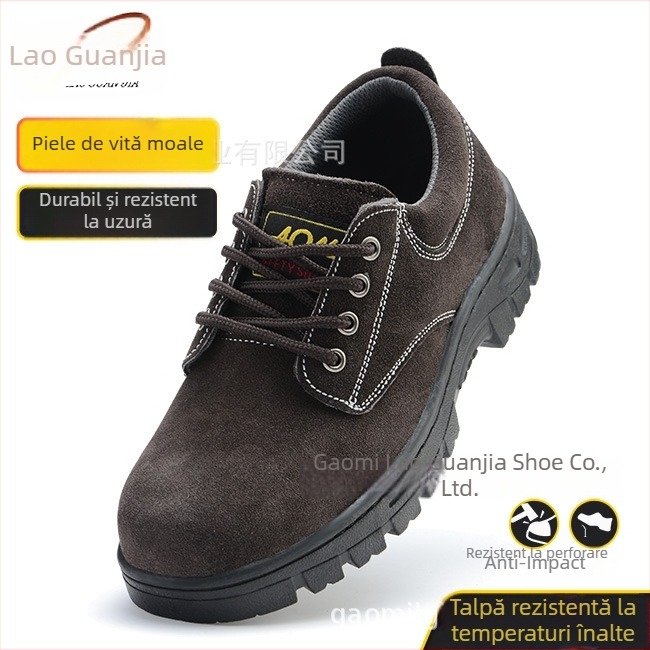 Pantofi de protecție pentru bărbați cu vârf din oțel, rezistenți la temperaturi înalte, protecție antișoc și anti-perforație, rezistenți la abraziune, piele velur de vită, model cu talie joasă