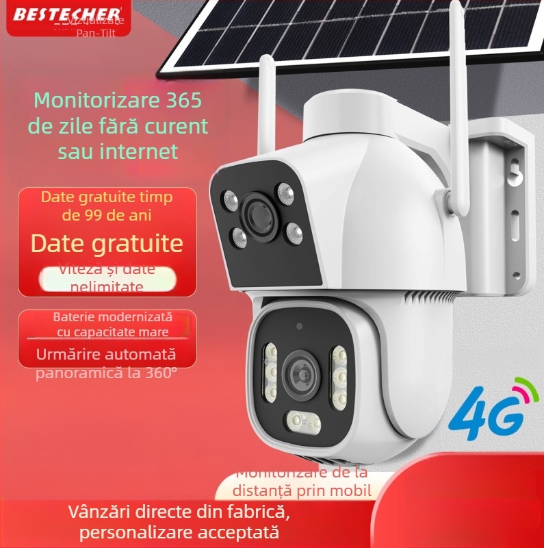 AOV Cameră de supraveghere solară pentru securitate, fără date pe viață, fără electricitate, fără internet, cameră 4G cu urmărire a oamenilor