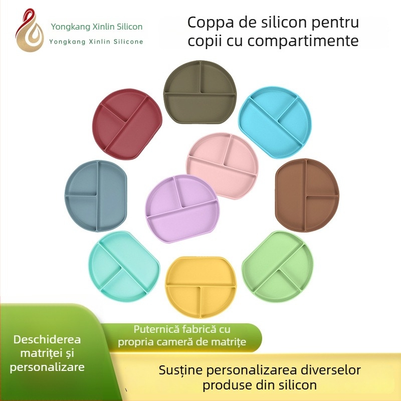 Farfurie compartimentată din silicon pentru copii – ovală, culoare solidă, nerecomandată pentru microunde
