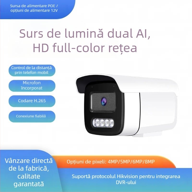 Cameră IP PoE 4MP pentru exterior, monitorizare cu iluminare duală și imagine în culoare completă, ONVIF compatibil