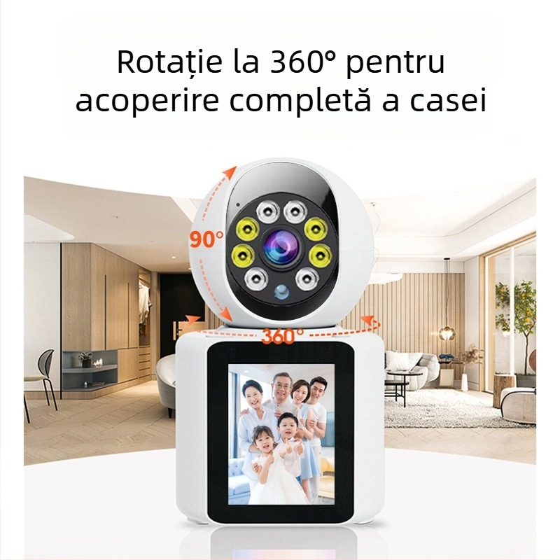 Cameră de supraveghere inteligentă pentru casă, cu vedere panoramică de 360°, Wi‑Fi, acces de la distanță și ecran încorporat pentru apeluri video cu o singură atingere