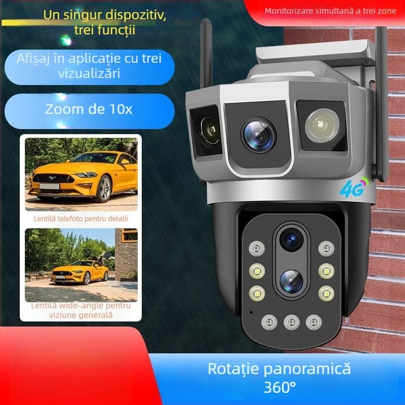 Camera de supraveghere V380 4G, zoom 10x, monitorizare 3 canale, senzor CMOS 1080p, obiectiv 4+10 mm
