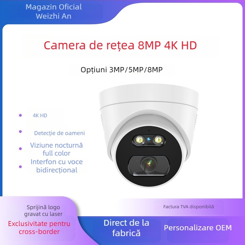 Cameră de rețea, rezoluție 3MP/2K, obiectiv 4 mm, viziune nocturnă cu infraroșu până la 15 m, suport POE și alimentare de 12V, pentru interior