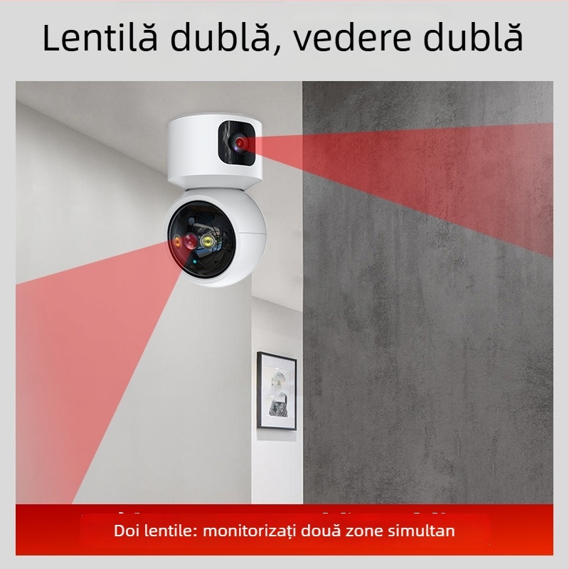 Left meter cameră de securitate pentru casă cu lentile duale, acoperire de 360°, monitorizare la distanță și viziune de noapte; 24 V, -20 până la 50°C, ABS plastic.