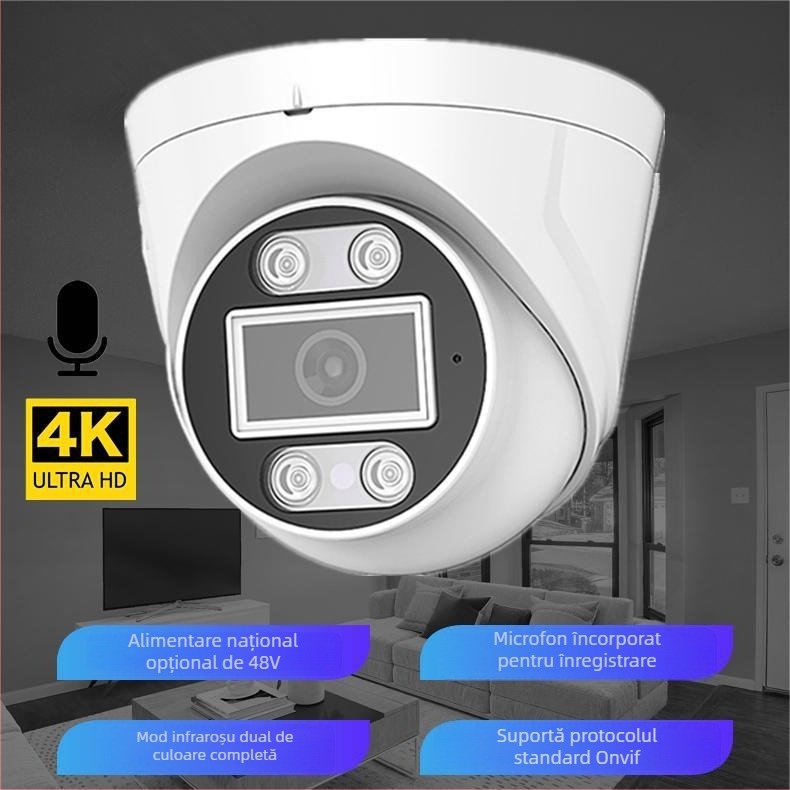 Cameră de supraveghere PoE interioră, tip dom, 4MP/2.5K, viziune nocturnă color completă, cu captare audio, obiectiv 3.6mm