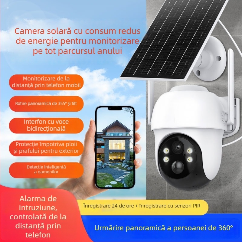 Cameră solară pentru monitorizarea casei, cu panoramă de 360°, în exterior, wireless, vedere de noapte HD, acces de la distanță prin telefon