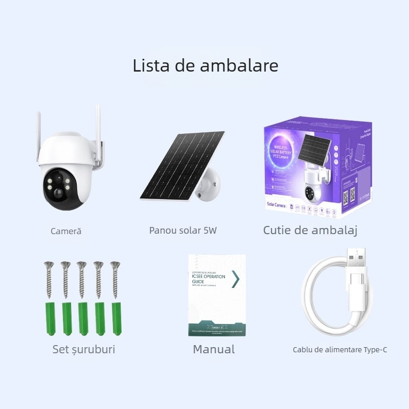 Cameră solară pentru monitorizarea casei, cu panoramă de 360°, în exterior, wireless, vedere de noapte HD, acces de la distanță prin telefon