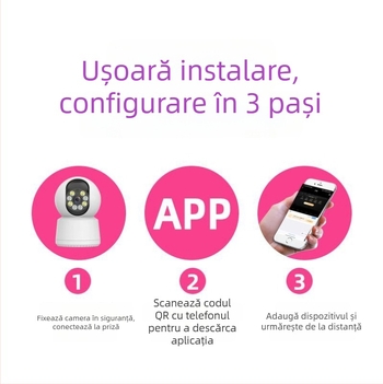 Cameră PTZ tip domă 360° cu WiFi, Viziune HD IR noapte, Intercom — Iluminare minimă 0.01 lux | SNR > 48 dB | Temperatură de funcționare -10..50°C | Compensare iluminare de fundal: Da | Alimentare 5V