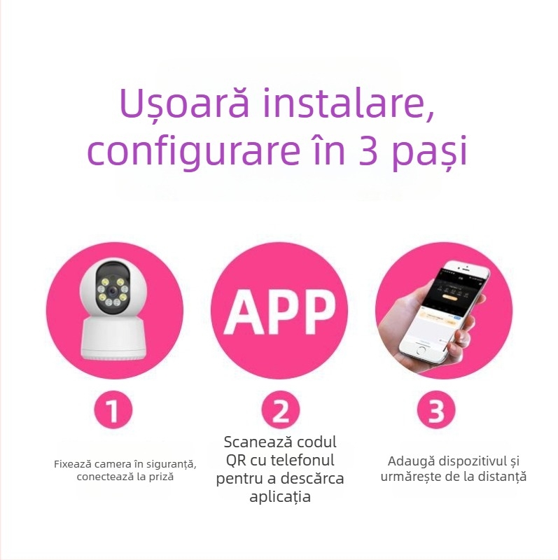 Cameră PTZ tip domă 360° cu WiFi, Viziune HD IR noapte, Intercom — Iluminare minimă 0.01 lux | SNR > 48 dB | Temperatură de funcționare -10..50°C | Compensare iluminare de fundal: Da | Alimentare 5V