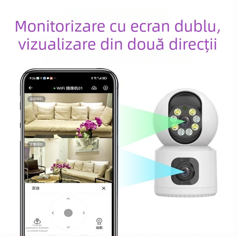 Cameră PTZ tip domă 360° cu WiFi, Viziune HD IR noapte, Intercom — Iluminare minimă 0.01 lux | SNR > 48 dB | Temperatură de funcționare -10..50°C | Compensare iluminare de fundal: Da | Alimentare 5V