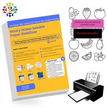 Stabilizator cu adeziv hidrosolubil din țesătură nețesută pentru broderie cu temă fructe, PVA, 45 g/m², instrucțiuni de model incluse