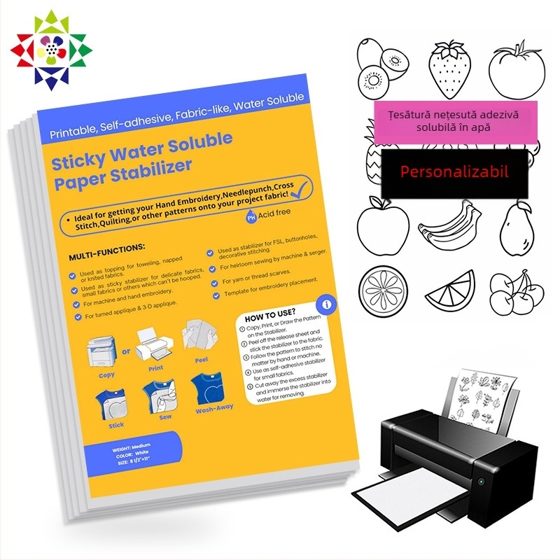 Stabilizator cu adeziv hidrosolubil din țesătură nețesută pentru broderie cu temă fructe, PVA, 45 g/m², instrucțiuni de model incluse