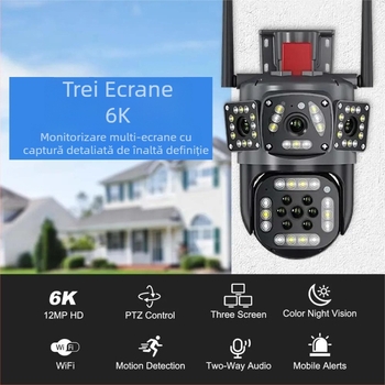 Camera impermeabilă cu vizualizare panoramică 360°, obiective duale, Wi‑Fi, utilizare în exterior, detecție de mișcare