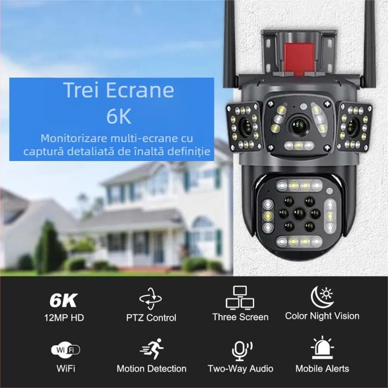Camera impermeabilă cu vizualizare panoramică 360°, obiective duale, Wi‑Fi, utilizare în exterior, detecție de mișcare