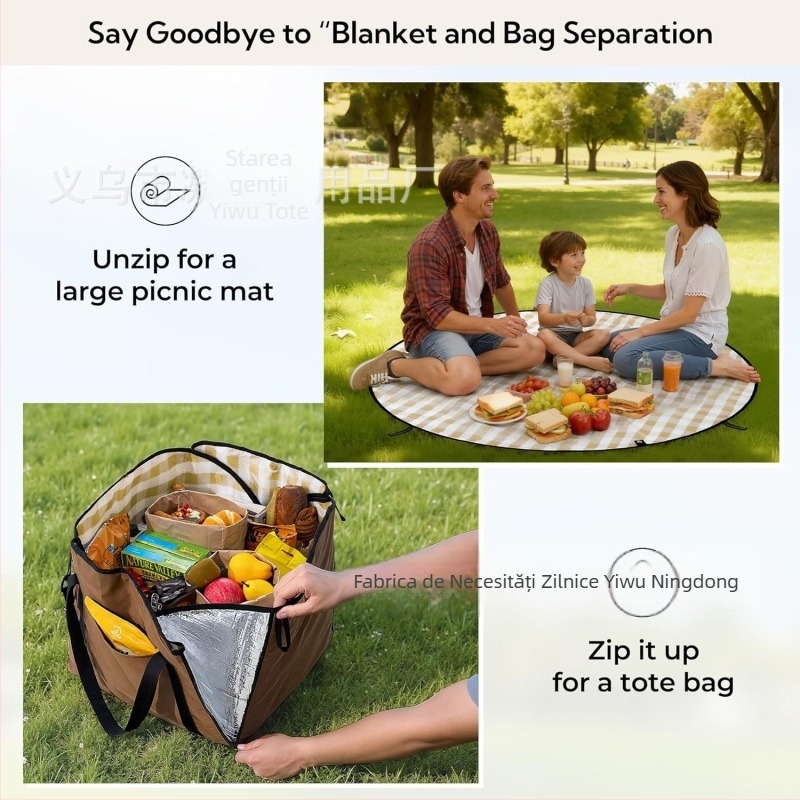 Pled de picnic cu gentuță pliabilă — fibre poliesterice; țesătură principală: poliester; Oxford material; țesătură secundară: poliester; strat impermeabil din folie de aluminiu