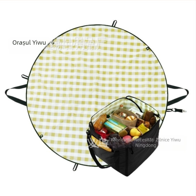 Pled de picnic cu gentuță pliabilă — fibre poliesterice; țesătură principală: poliester; Oxford material; țesătură secundară: poliester; strat impermeabil din folie de aluminiu