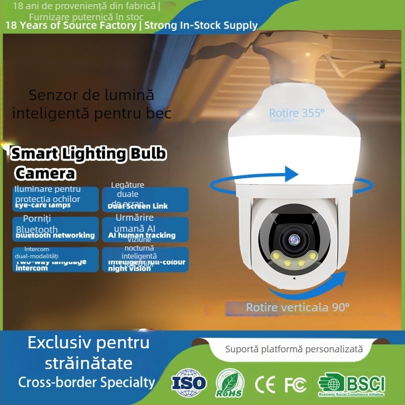 Lampă inteligentă cu cameră de supraveghere, interior, PTZ 355° orizontal, 90° vertical, viteze 30°/s și 20°/s, alimentare AC 100–240V, montaj pe suport de lampă