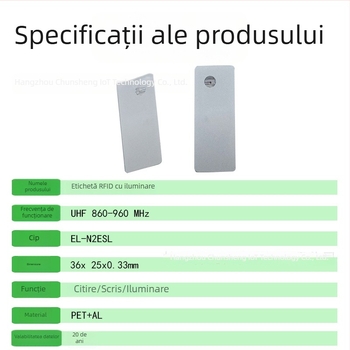 Etichetă RFID pentru urmărirea obiectelor, PY8001 — căutare rapidă și poziționare precisă, rază >2 m pe textile, memorie de 272 biți, timp citire/scriere 0,5 s, UHF