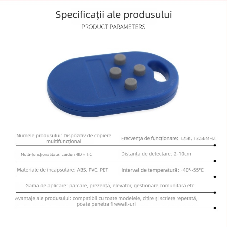 Cheie de buzunar 4-în-1 pentru controlul accesului la lift, prezență și parcare — ABS, -40 la 55°C, Compatibil cu 5200+ carduri IC