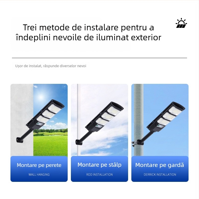Lumină solară pentru stradă cu sursă LED, IP65 impermeabil, putere nominală 300, tensiune 3,2V, întrerupător inductiv