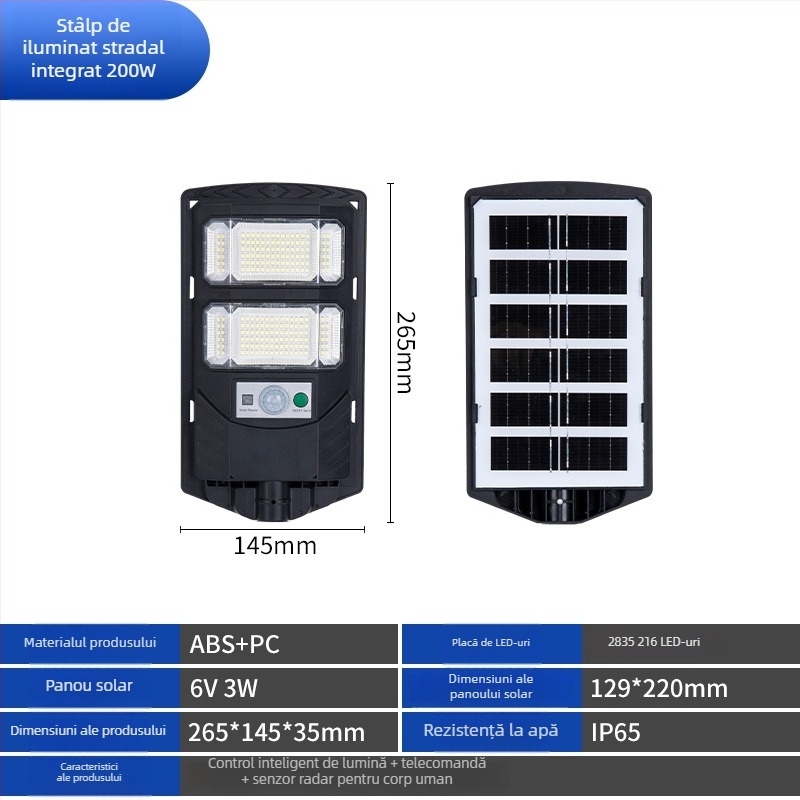 Lumină solară pentru stradă cu sursă LED, IP65 impermeabil, putere nominală 300, tensiune 3,2V, întrerupător inductiv