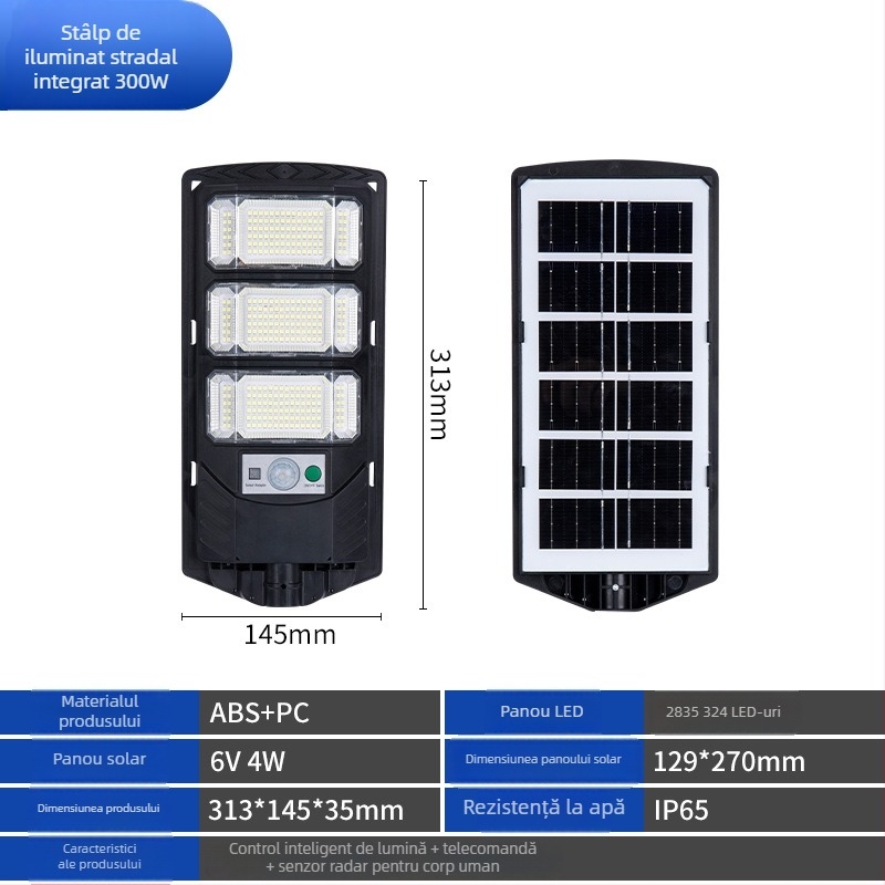 Lumină solară pentru stradă cu sursă LED, IP65 impermeabil, putere nominală 300, tensiune 3,2V, întrerupător inductiv