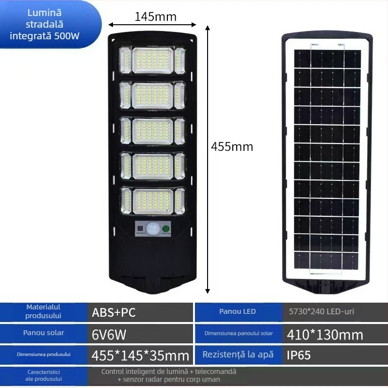Lumină solară pentru stradă cu sursă LED, IP65 impermeabil, putere nominală 300, tensiune 3,2V, întrerupător inductiv