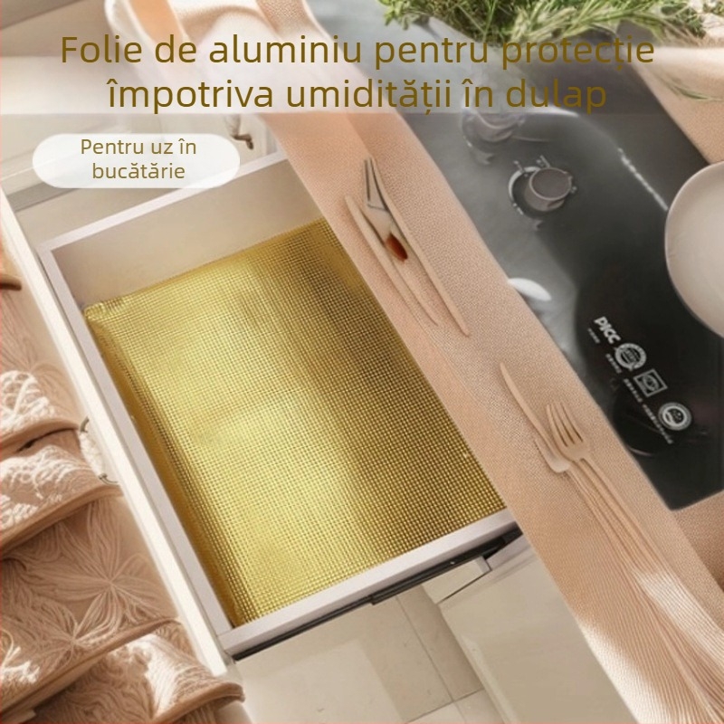 Interior pentru sertare și dulapuri, din PE, fără adeziv, rezistent la ulei și umezeală, cu strat de folie de aluminiu; PE 98%, PVC 2%