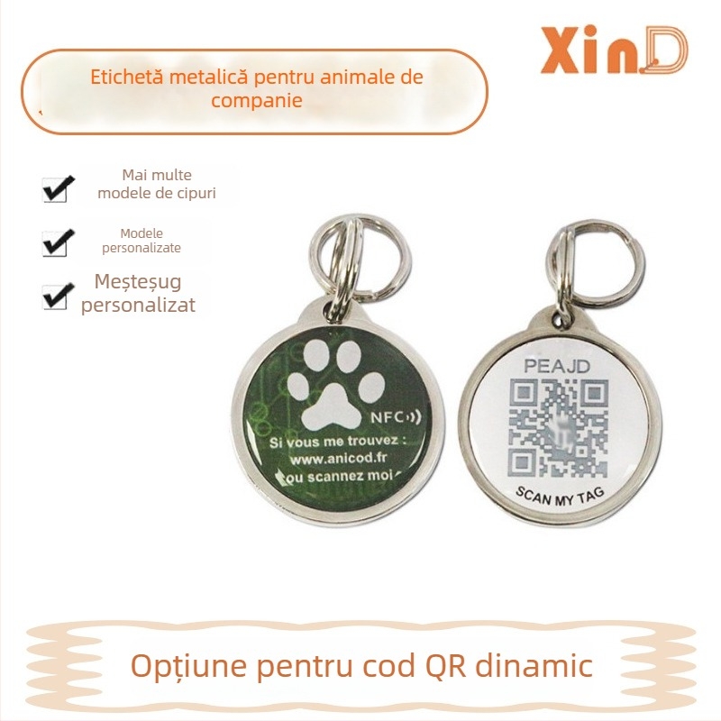 Card identitate NFC pentru animale de companie, cu strat epoxidic dinamic, cod QR, margine metalică, card PVC (Personalizare disponibilă)