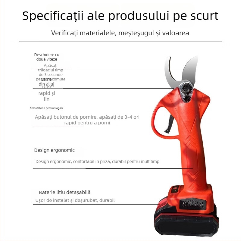 Foarfece de tăiat cu baterie litiu reîncărcabilă, 21V, gamă 16,8–21V, pentru ramuri
