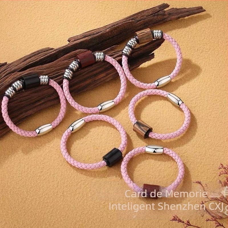 Brățară din lemn de santal cu cip IC+ID pentru controlul accesului, șnur de piele împletit, card fără contact, stocare 1152/4096