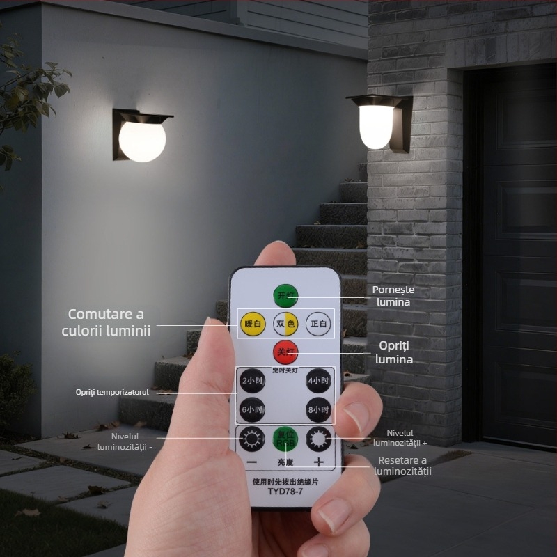 Lampa de perete solară pentru exterior, în stil Chinez Nou, IP43 rezistentă la apă, montaj pe perete, telecomandă, fascicul de 180°, potrivită pentru curte și poartă.