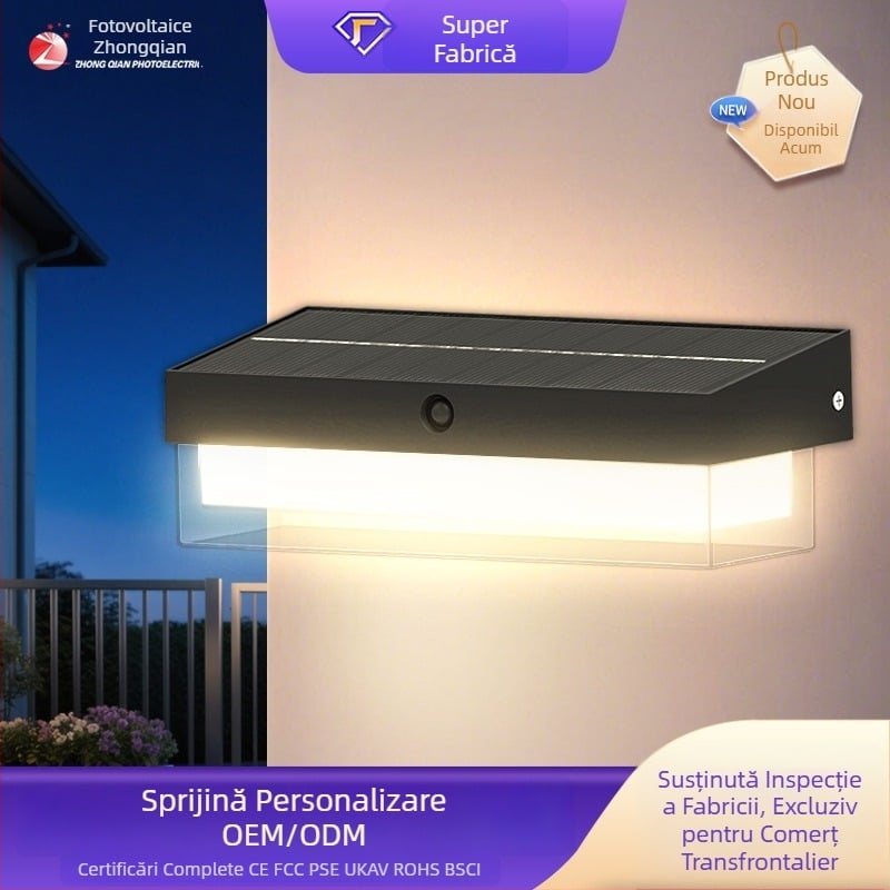 Lampa de perete solară pentru exterior cu senzor de mișcare, 174 LED, 5000 lm, 3000–6500 K, IP54, unghi de fascicul de 120°, carcasă ABS, model Zq-bd