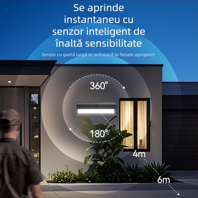 Lampa de perete solară pentru exterior cu senzor de mișcare, 174 LED, 5000 lm, 3000–6500 K, IP54, unghi de fascicul de 120°, carcasă ABS, model Zq-bd