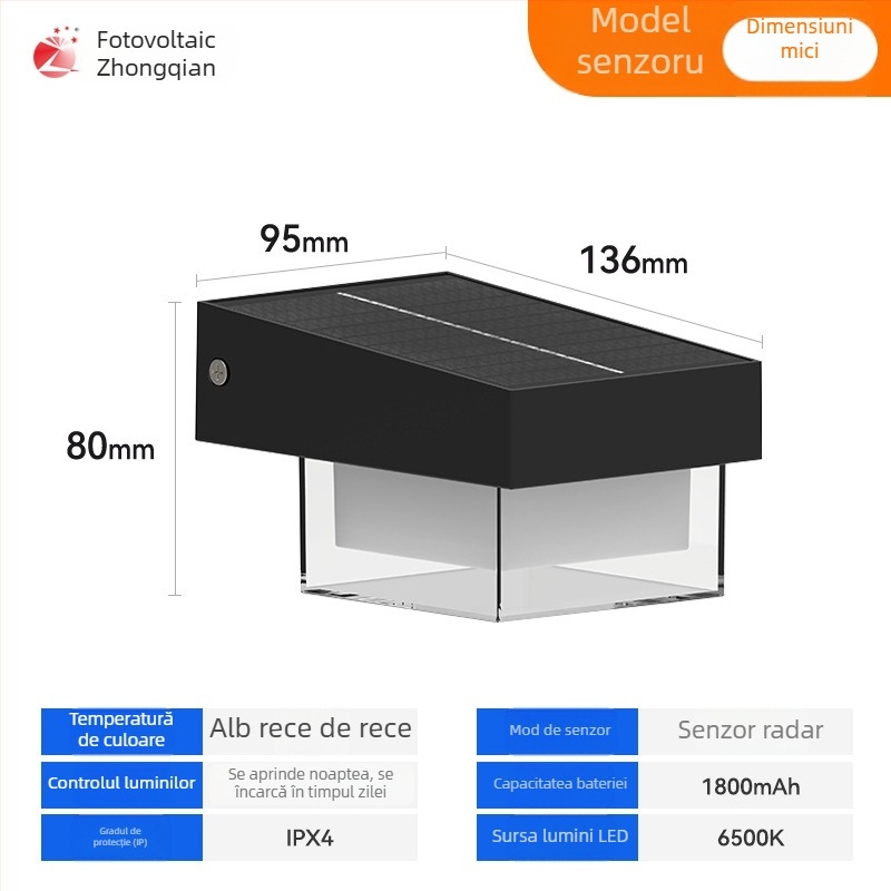 Lampa de perete solară pentru exterior cu senzor de mișcare, 174 LED, 5000 lm, 3000–6500 K, IP54, unghi de fascicul de 120°, carcasă ABS, model Zq-bd