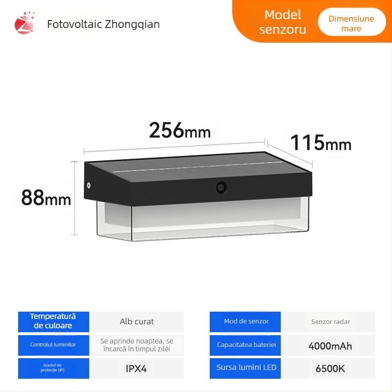 Lampa de perete solară pentru exterior cu senzor de mișcare, 174 LED, 5000 lm, 3000–6500 K, IP54, unghi de fascicul de 120°, carcasă ABS, model Zq-bd