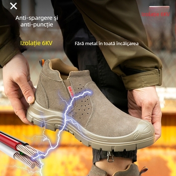 Încălțăminte de protecție pentru muncă, anti-șoc și anti-perforație, piele nubuc de vițel, izolație 6kV, vârf din plastic