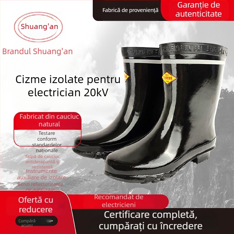 Ghete izolante pentru electricieni, izolație 20 kV, antiderapante, rezistente la uzură, din cauciuc, înălțime 26 cm, standard gb21148-2020