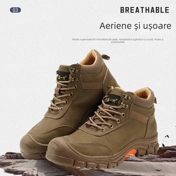 Ghete de protecție pentru muncă în construcții, cu înălțime peste gleznă, piele microfibră, vârf din plastic și oțel, anti-șoc, anti-perforație, izolație