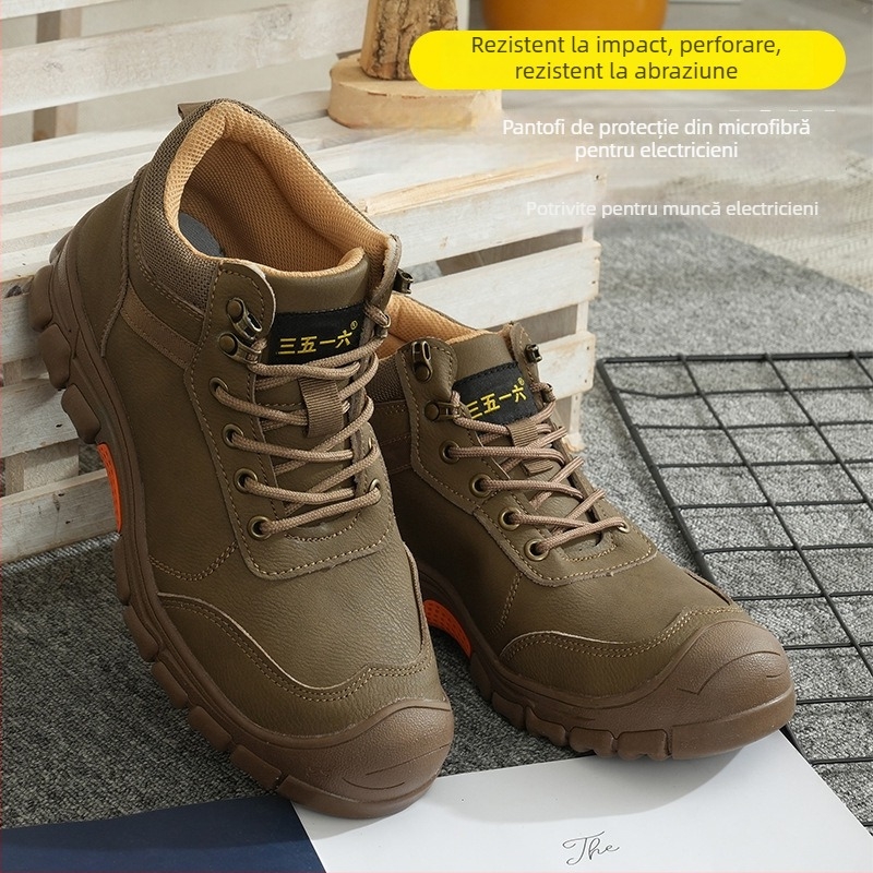Ghete de protecție pentru muncă în construcții, cu înălțime peste gleznă, piele microfibră, vârf din plastic și oțel, anti-șoc, anti-perforație, izolație