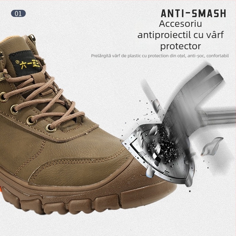 Ghete de protecție pentru muncă în construcții, cu înălțime peste gleznă, piele microfibră, vârf din plastic și oțel, anti-șoc, anti-perforație, izolație