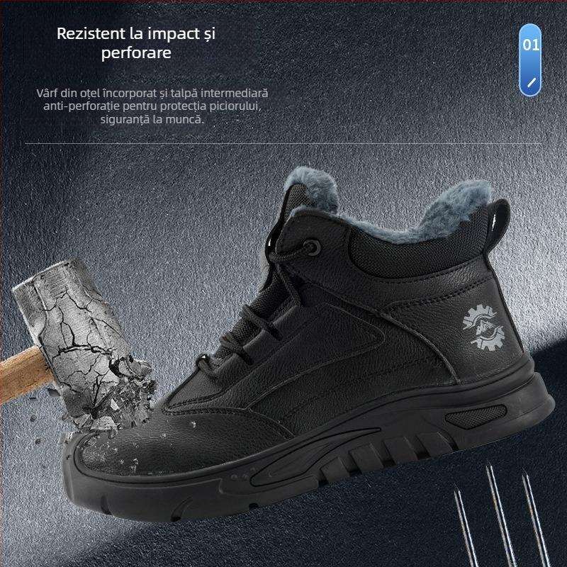 Pantofi de protecție pentru bărbați, înalți pentru iarnă, din piele Microfibra, vârf din oțel-plastic, anti-șoc, anti-perforație, izolați termic