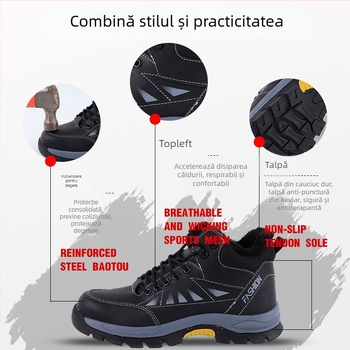 Pantofi de protecție pentru muncă cu vârf din oțel, piele microfibră, design de talie joasă, talpă din cauciuc rezistentă la uzură