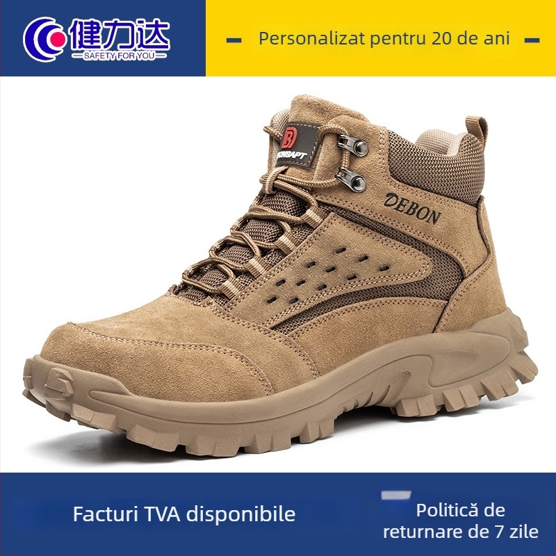 Pantofi de lucru pentru sudură: antișoc și anti-perforație, vârf din oțel, piele velur + plasă din sârmă, înalte, talpă din cauciuc antiderapant