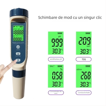 Analizator multiparametric de calitate a apei – TDS/EC, pH, salinitate și temperatură; intervale 0–10000 µS/cm, 0–14 pH, 10.1–200 ppt; precizie: pH 0.05, SALT ±1%, EC/TDS ±2%; rezoluție: 0.01 pH, 1 µS/cm, 1 ppm