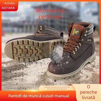 Pantofi de protecție pentru lucru cu cusături Goodyear, vârf și talpă din oțel, piele Crazy Horse, protecție împotriva șocurilor și perforațiilor